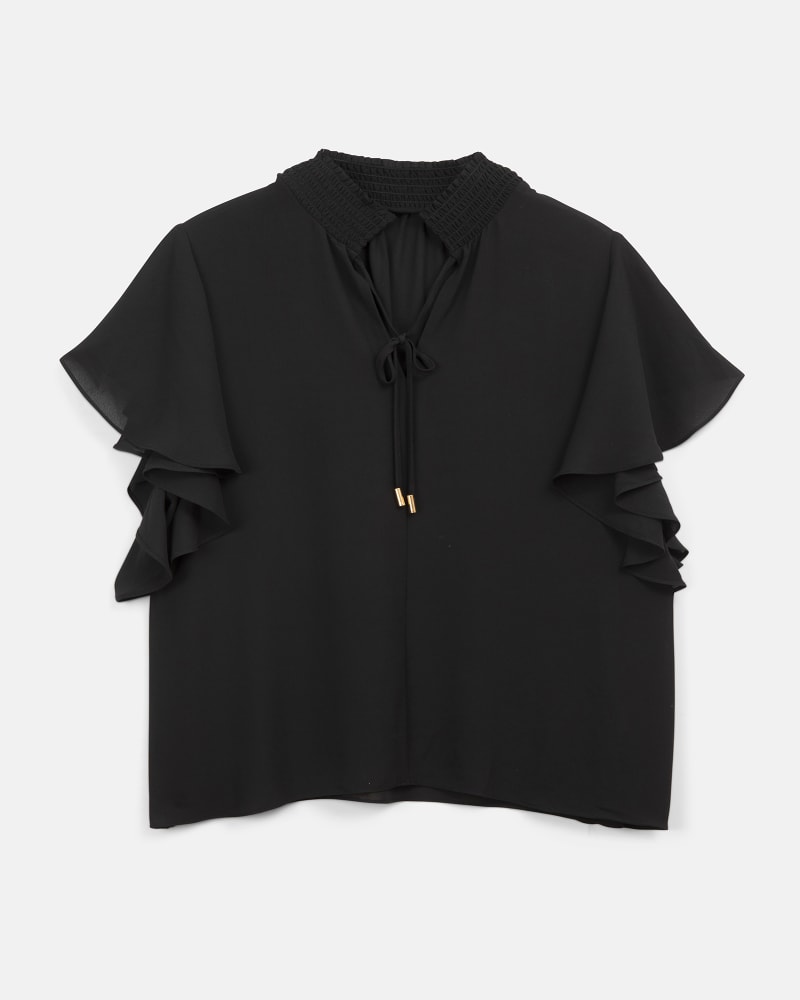 Front of a size 1X Joy Smocked Flutter Sleeve Blouse in Black by T Tahari. | dia_product_style_image_id:207034